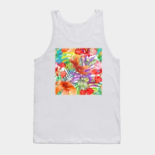 Tropical flowers, palm leaves watercolor colorful print. Lily, Delonix flowers, Monstera, Banana leaf, Cordyline exotic summer jungle print Tank Top